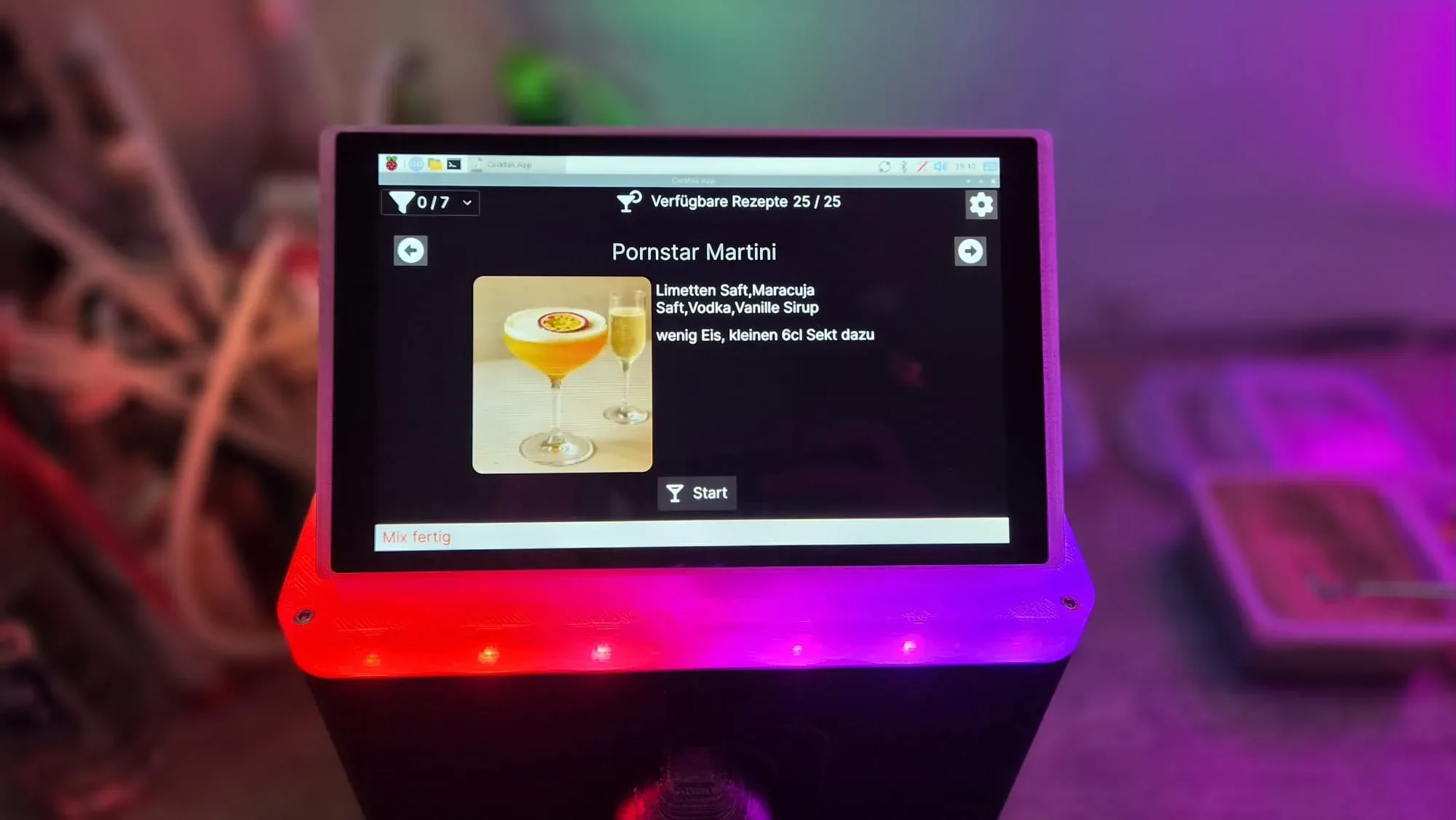 Cocktail-Auswahl auf dem acht Zoll großen Touch-Panel